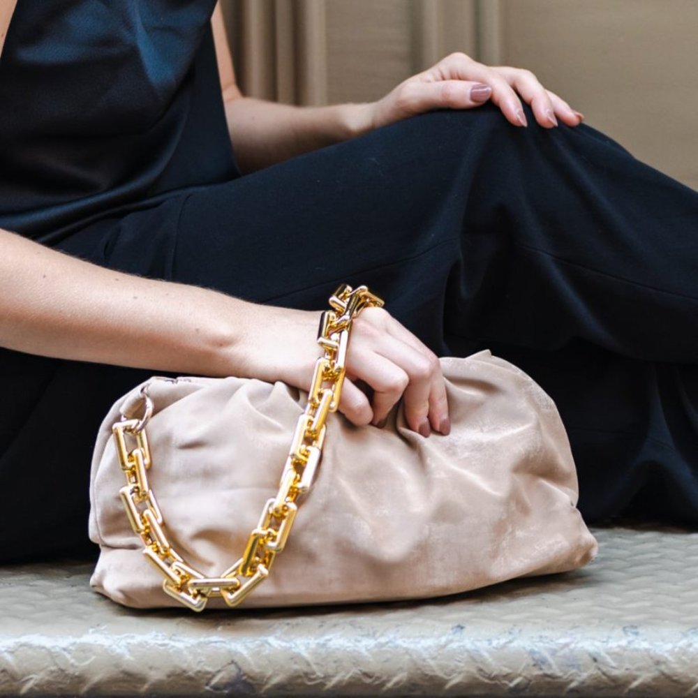 Cloud Clutch - Tan Suede Ruched Pouch Bag